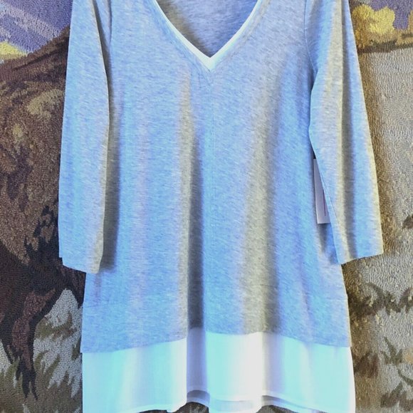 NWT Two by Vince Camuto Sz S Knit Tunic Top 3/4 Sleeve Gray/White - Picture 1 of 9